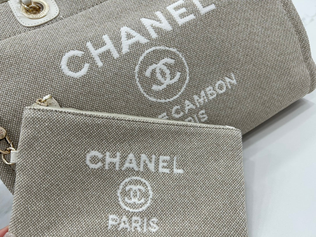 Sac CC Deauville Tweed 33x24x14,5cm Cuir Blanc Ferrures Dorées 30