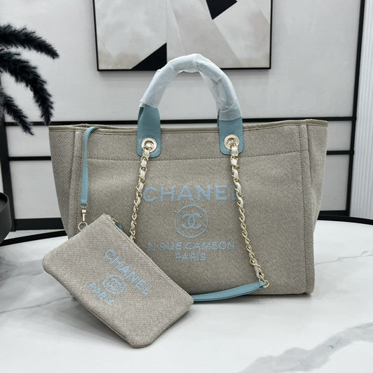 Sac CC Deauville Tweed Cuir Bleu Ciel Ferrures Dorées 31