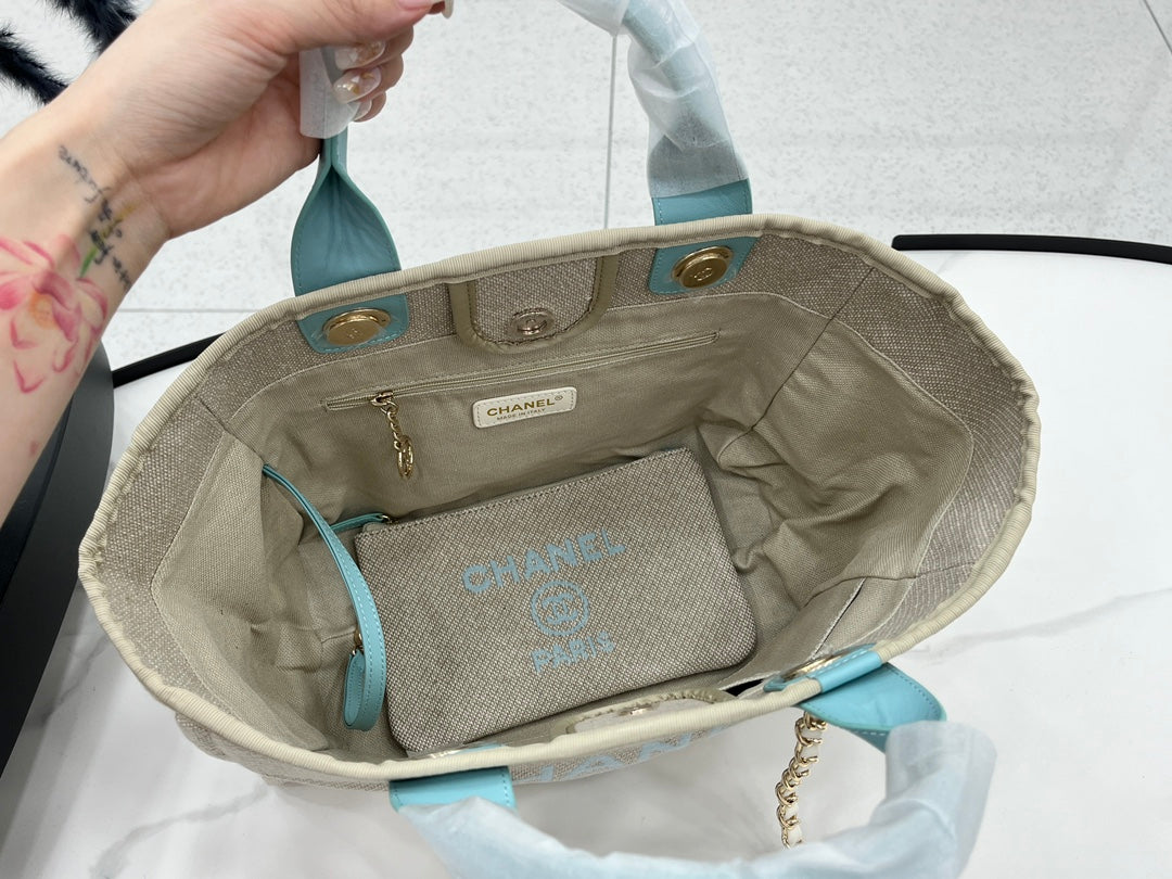 CC ドーヴィル ツイードバッグ 33x26x15.5cm ブルースカイレザー ゴールド金具 32