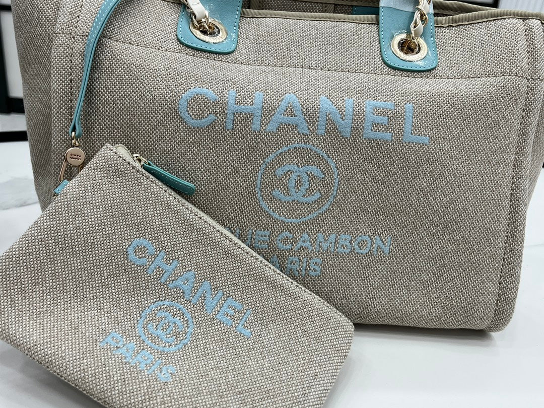 CC ドーヴィル ツイードバッグ 33x26x15.5cm ブルースカイレザー ゴールド金具 32