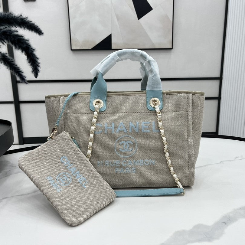 CC ドーヴィル ツイードバッグ 33x26x15.5cm ブルースカイレザー ゴールド金具 32