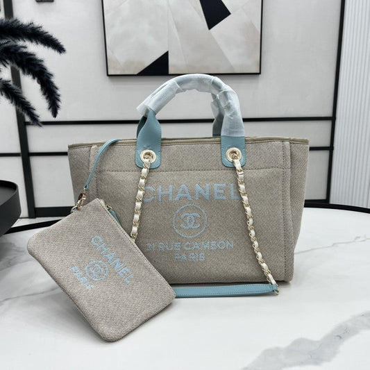 Sac CC Deauville Tweed 33x26x15,5cm Cuir Bleu Ciel Ferrures Dorées 32