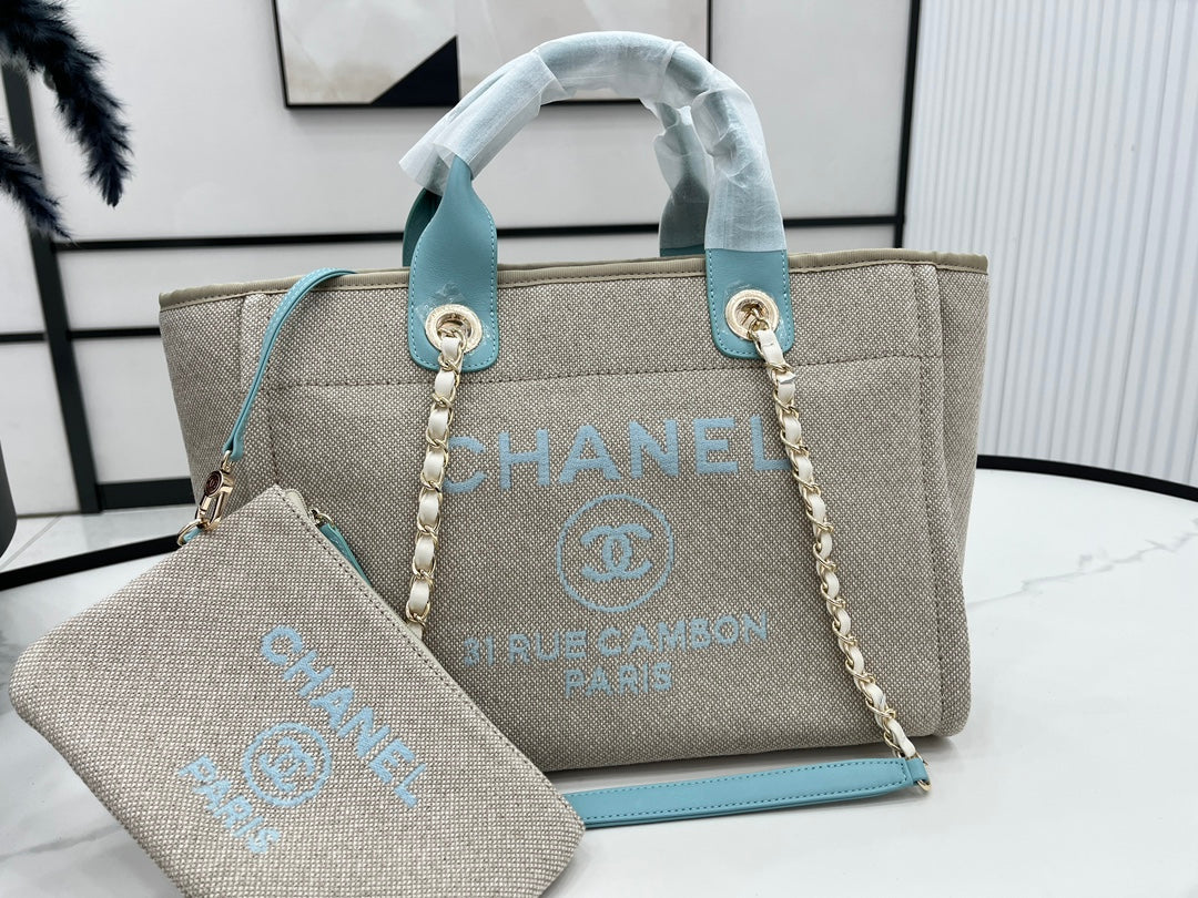 CC ドーヴィル ツイードバッグ 33x26x15.5cm ブルースカイレザー ゴールド金具 32