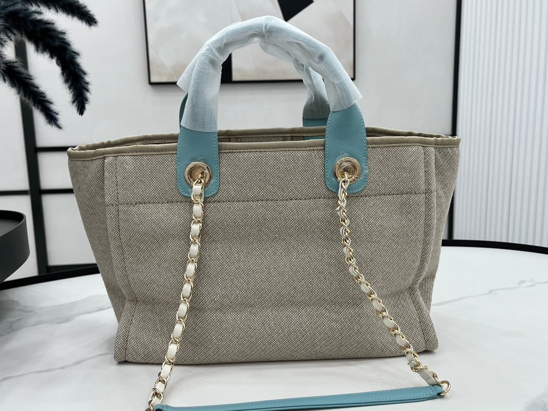 CC ドーヴィル ツイードバッグ 33x26x15.5cm ブルースカイレザー ゴールド金具 32