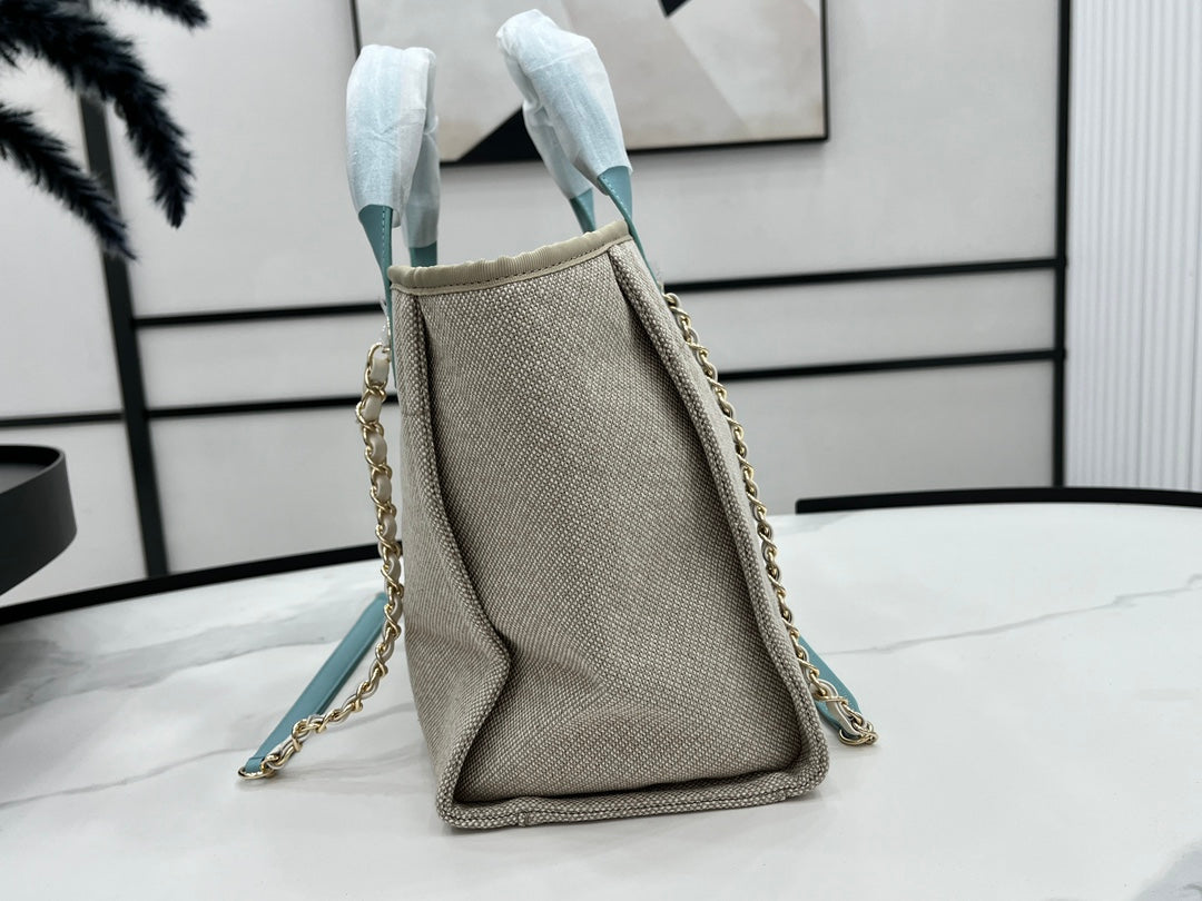 CC ドーヴィル ツイードバッグ 33x26x15.5cm ブルースカイレザー ゴールド金具 32