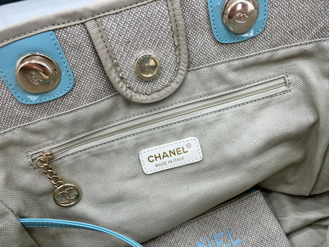 CC ドーヴィル ツイードバッグ 33x24x14.5cm ブルースカイレザー ゴールド金具 33