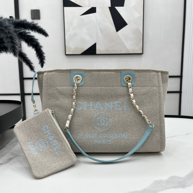 CC ドーヴィル ツイードバッグ 33x24x14.5cm ブルースカイレザー ゴールド金具 33