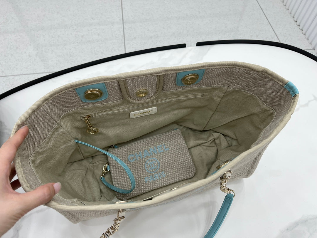 CC ドーヴィル ツイードバッグ 33x24x14.5cm ブルースカイレザー ゴールド金具 33
