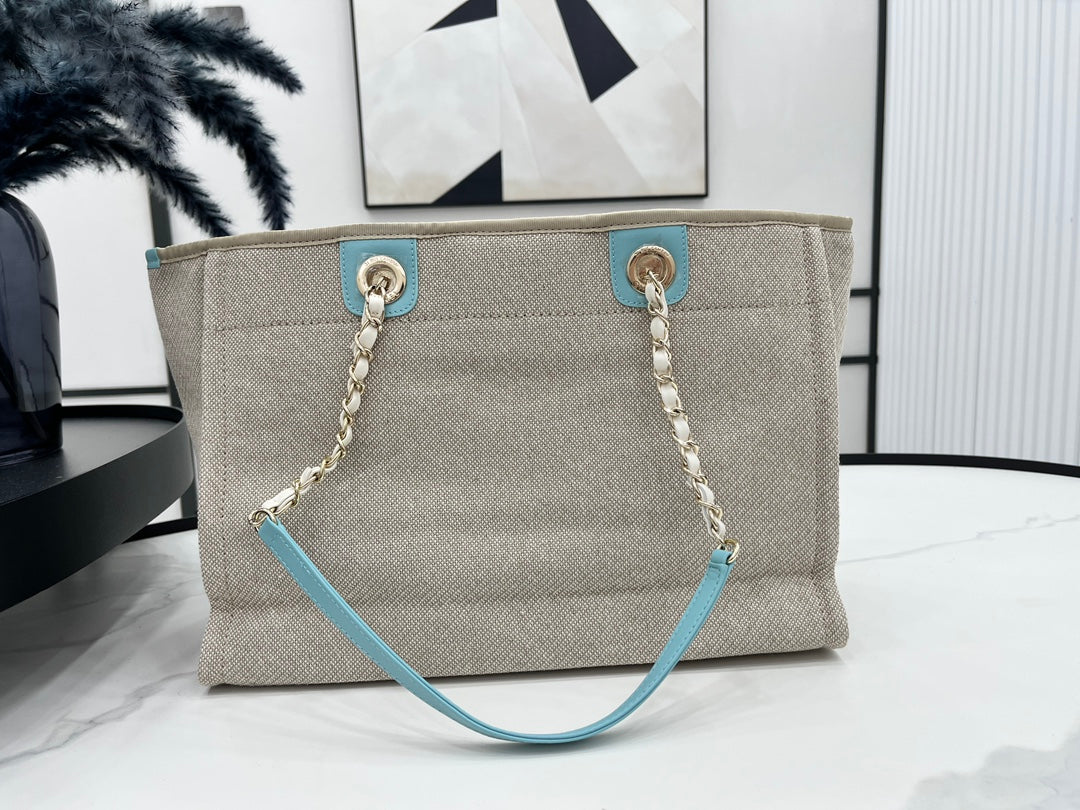 CC ドーヴィル ツイードバッグ 33x24x14.5cm ブルースカイレザー ゴールド金具 33
