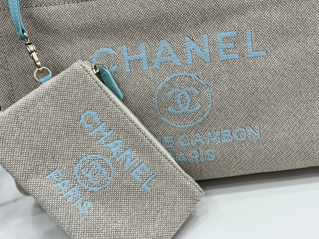 CC ドーヴィル ツイードバッグ 33x24x14.5cm ブルースカイレザー ゴールド金具 33
