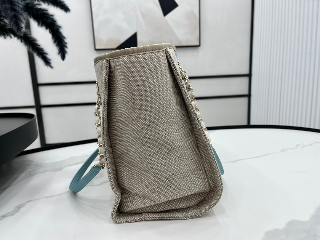 CC ドーヴィル ツイードバッグ 33x24x14.5cm ブルースカイレザー ゴールド金具 33