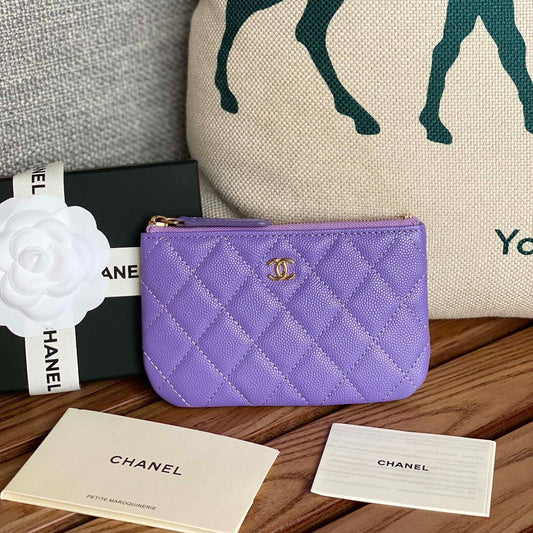 portefeuille zippé CC 15 caviar violet matériel doré