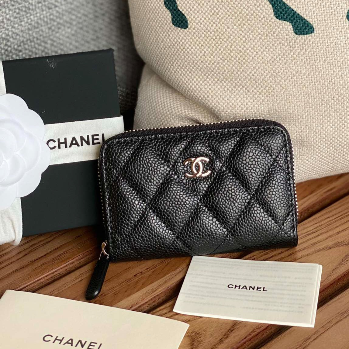 Portefeuille zippé CC 7,5 cm noir caviar matériel argenté