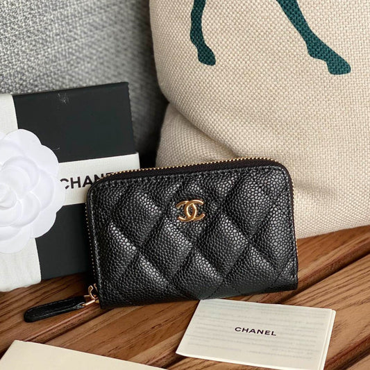 Portefeuille zippé CC 7,5 cm noir caviar matériel doré