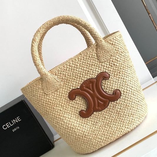 Sac seau Teen Triomphe en paille 23 cm en raphia et cuir de veau marron