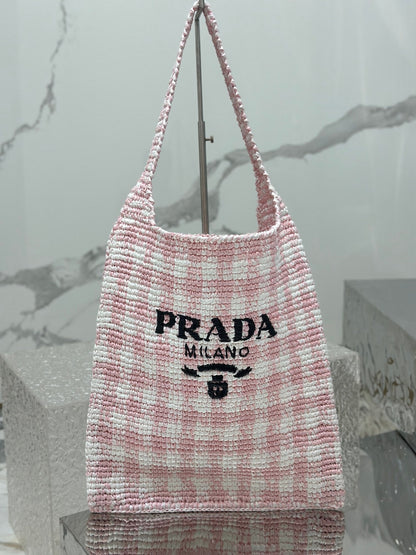 GRAND SAC CABAS 45 EN RAPHIA TISSÉ ROSE, BLANC ET NOIR