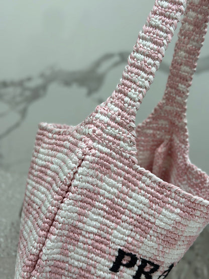 GRAND SAC CABAS 45 EN RAPHIA TISSÉ ROSE, BLANC ET NOIR