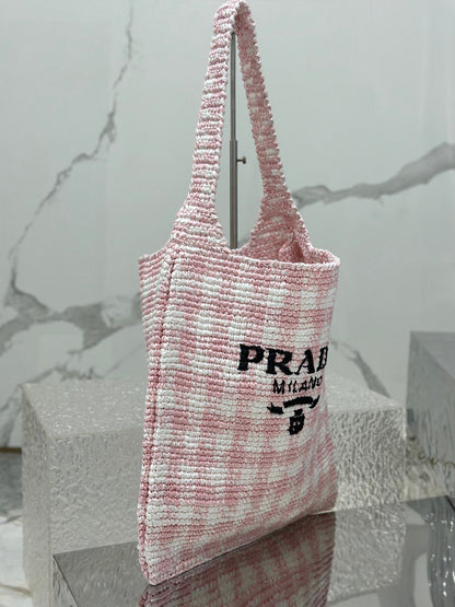 GRAND SAC CABAS 45 EN RAPHIA TISSÉ ROSE, BLANC ET NOIR