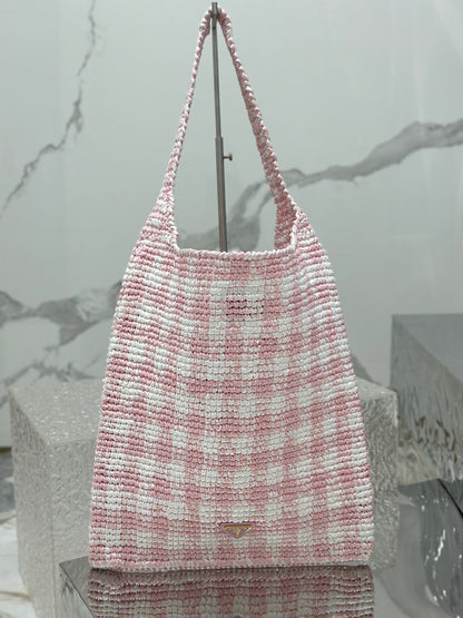 GRAND SAC CABAS 45 EN RAPHIA TISSÉ ROSE, BLANC ET NOIR