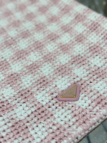 GRAND SAC CABAS 45 EN RAPHIA TISSÉ ROSE, BLANC ET NOIR