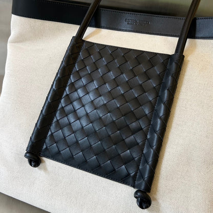 SAC CABAS PORTELLO 53 EN CUIR DE VEAU NOIR ET TOILE BLANCHE