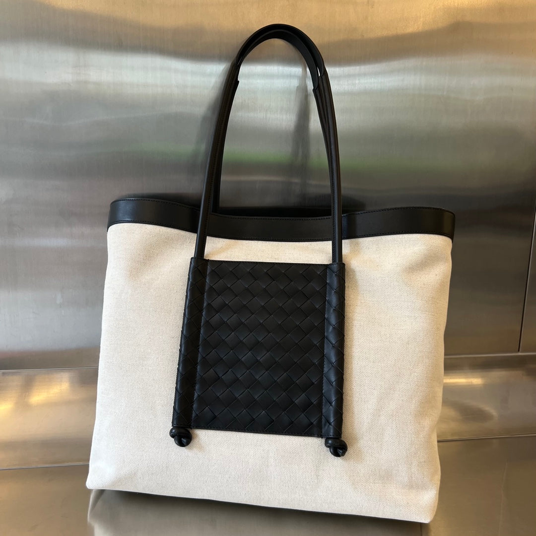 SAC CABAS PORTELLO 53 EN CUIR DE VEAU NOIR ET TOILE BLANCHE