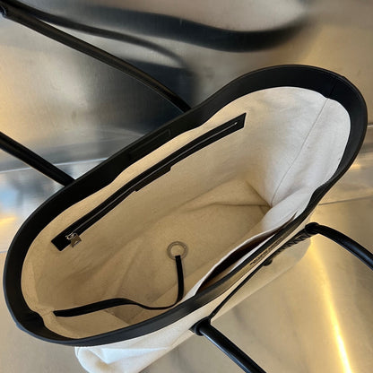 SAC CABAS PORTELLO 53 EN CUIR DE VEAU NOIR ET TOILE BLANCHE
