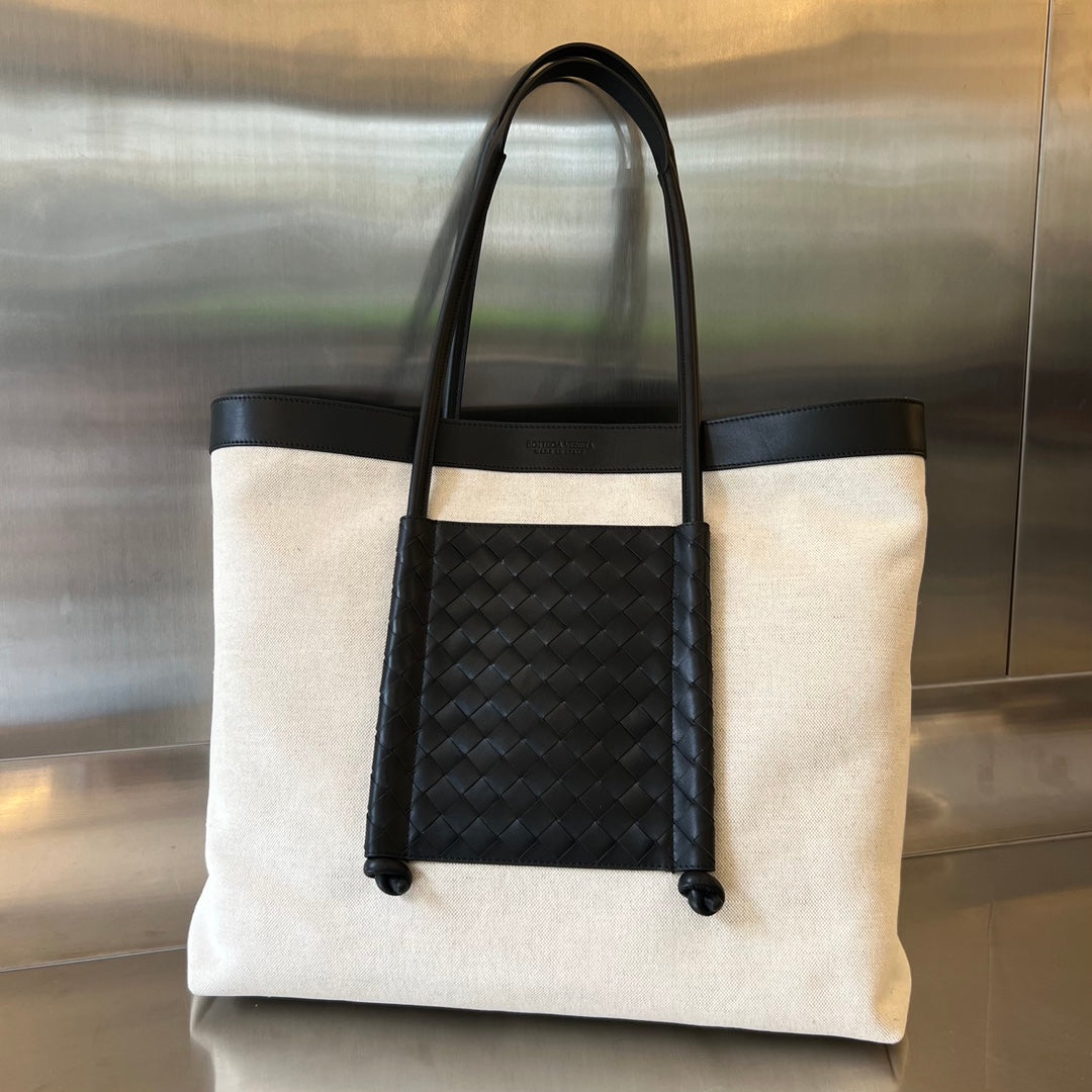 SAC CABAS PORTELLO 53 EN CUIR DE VEAU NOIR ET TOILE BLANCHE