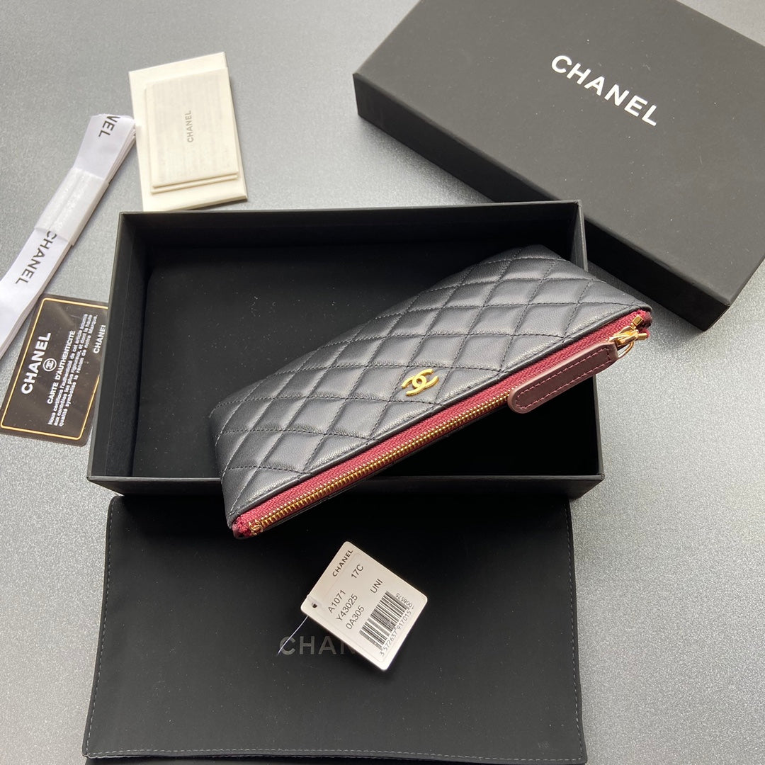 cc ジップウォレット 20cm ブラック キルティングカーフスキン ゴールド金具