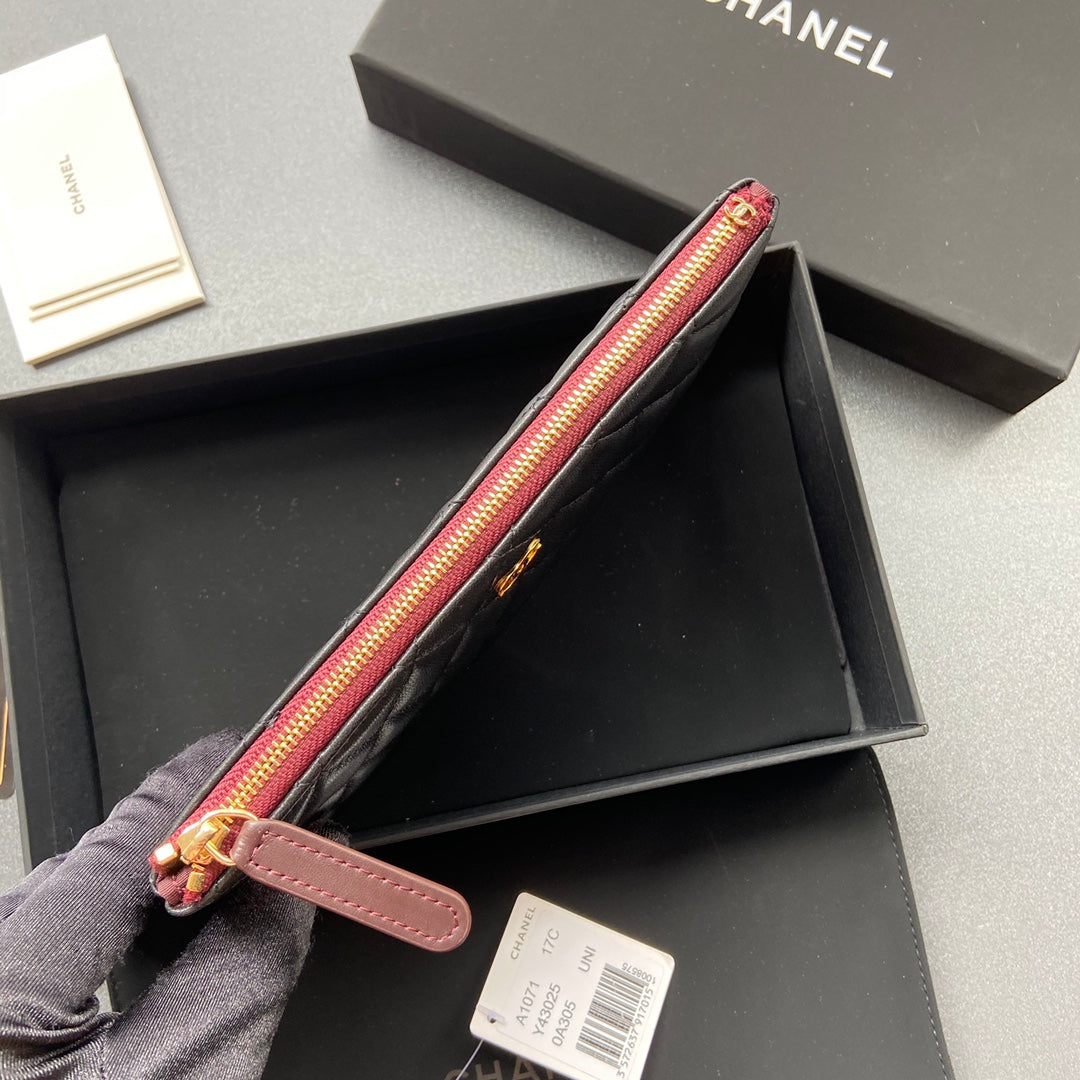 cc ジップウォレット 20cm ブラック キルティングカーフスキン ゴールド金具