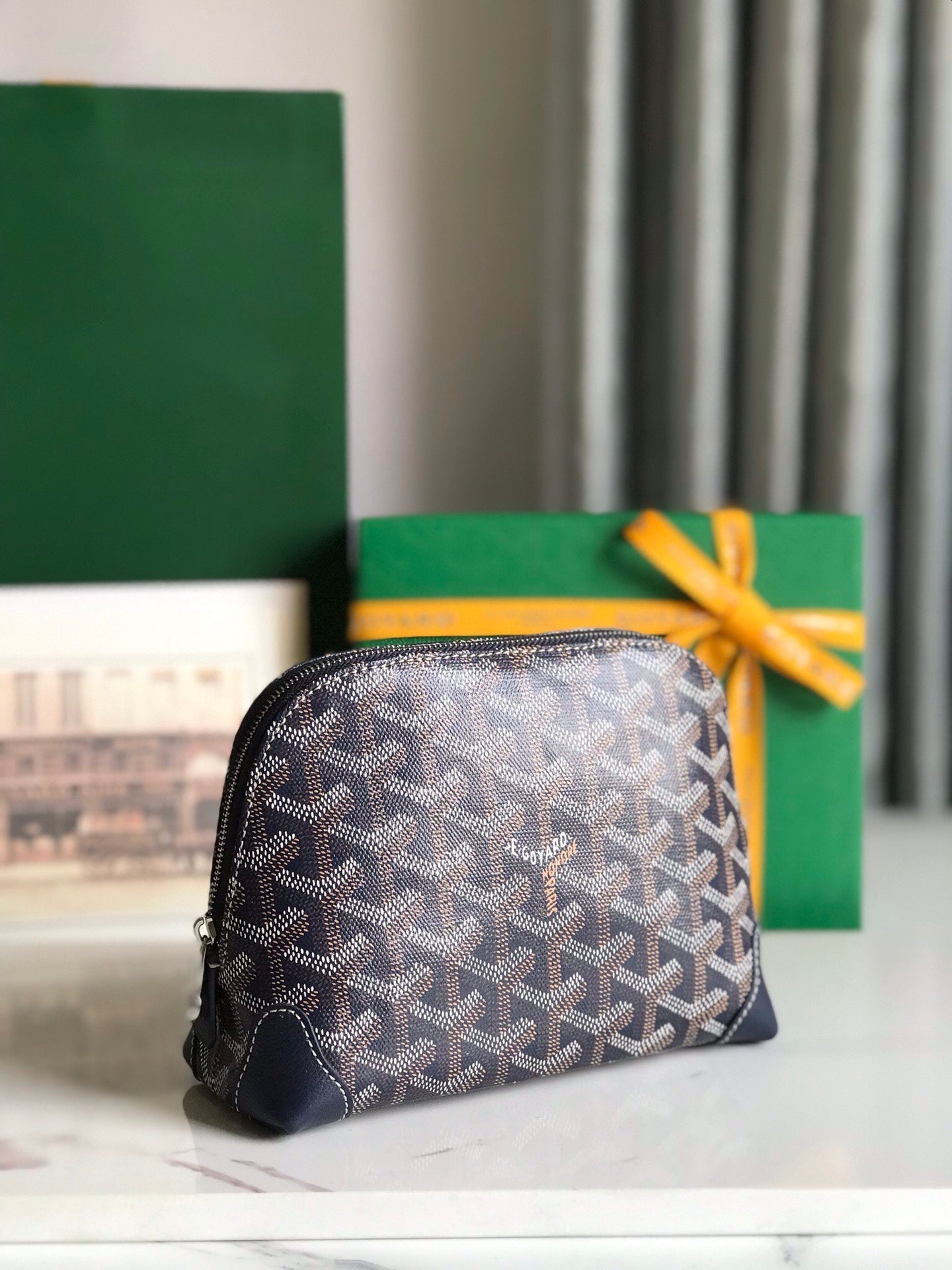 ヴァンドーム コスメティックポーチ 17 ネイビーブルー ゴヤルディン キャンバス＆カーフスキントリム