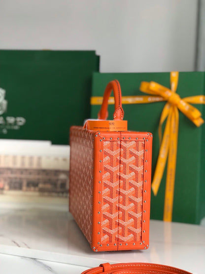 SAC COFFRE GRAND HÔTEL 24 EN TOILE GOYARDINE ORANGE ET CUIR DE VEAU
