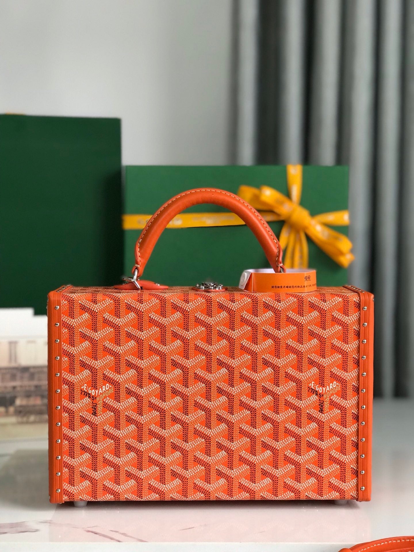 SAC COFFRE GRAND HÔTEL 24 EN TOILE GOYARDINE ORANGE ET CUIR DE VEAU