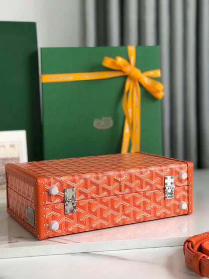 SAC COFFRE GRAND HÔTEL 24 EN TOILE GOYARDINE ORANGE ET CUIR DE VEAU