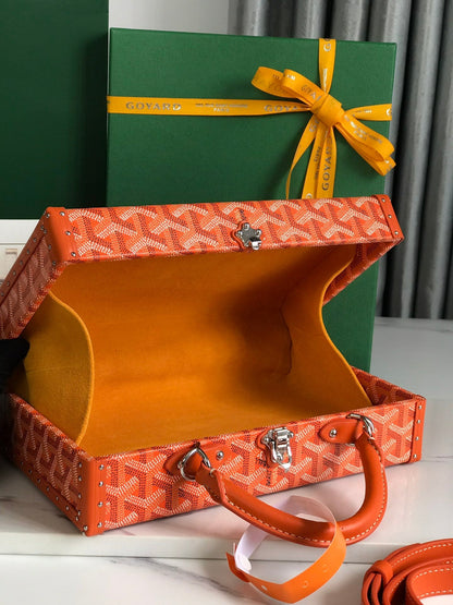 SAC COFFRE GRAND HÔTEL 24 EN TOILE GOYARDINE ORANGE ET CUIR DE VEAU
