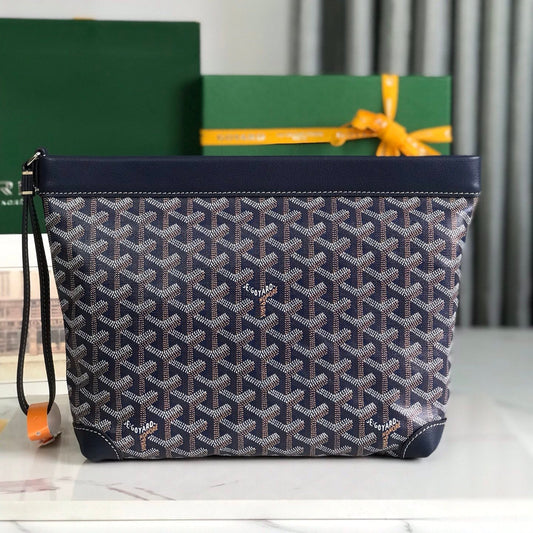 POCHETTE CONTI 24 EN CUIR D'AGNEAU BLEU MARINE ET TOILE GOYARDINE