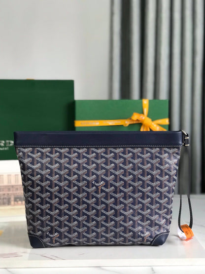 POCHETTE CONTI 24 EN CUIR D'AGNEAU BLEU MARINE ET TOILE GOYARDINE