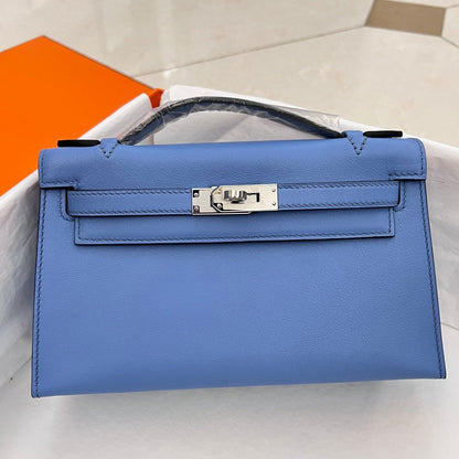 Pochette HM Kelly 22 cm Bleu clair Swift Quincaillerie argentée