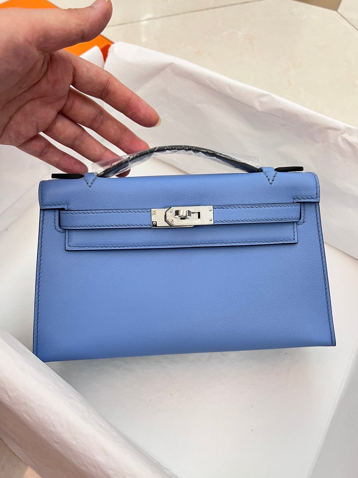 Pochette HM Kelly 22 cm Bleu clair Swift Quincaillerie argentée