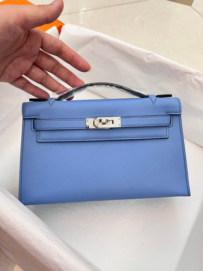 Pochette HM Kelly 22 cm Bleu clair Swift Quincaillerie argentée