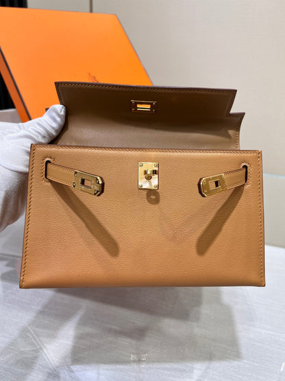 Pochette HM Kelly 22 cm Marron Swift Quincaillerie dorée