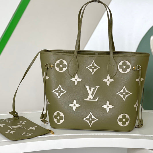 NEVERFULL MM 32 KAKI CRÈME MONOGRAMME CUIR EMPREINTE 
