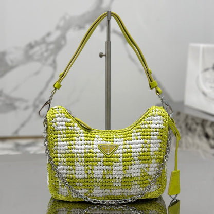 CROCHET HOBO BAG 22 IN VOLT GREEN MIX WHITE RAFFIA SILVER HARDWARE