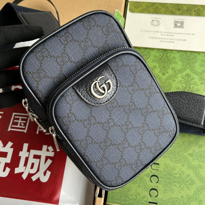 Mini sac OPHIDIA 18 en toile monogrammée bleu foncé et bordure en cuir d'agneau noir