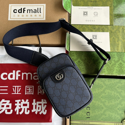 Mini sac OPHIDIA 18 en toile monogrammée bleu foncé et bordure en cuir d'agneau noir