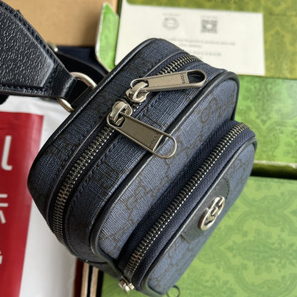 Mini sac OPHIDIA 18 en toile monogrammée bleu foncé et bordure en cuir d'agneau noir