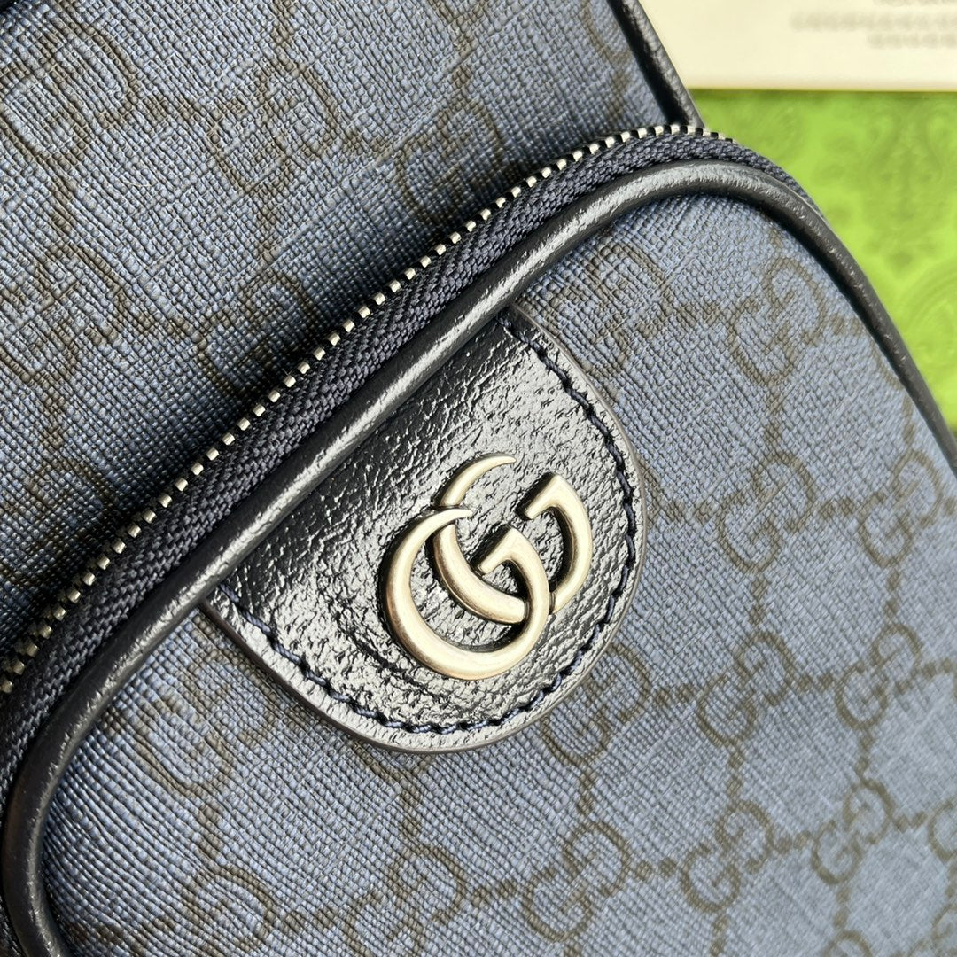 Mini sac OPHIDIA 18 en toile monogrammée bleu foncé et bordure en cuir d'agneau noir