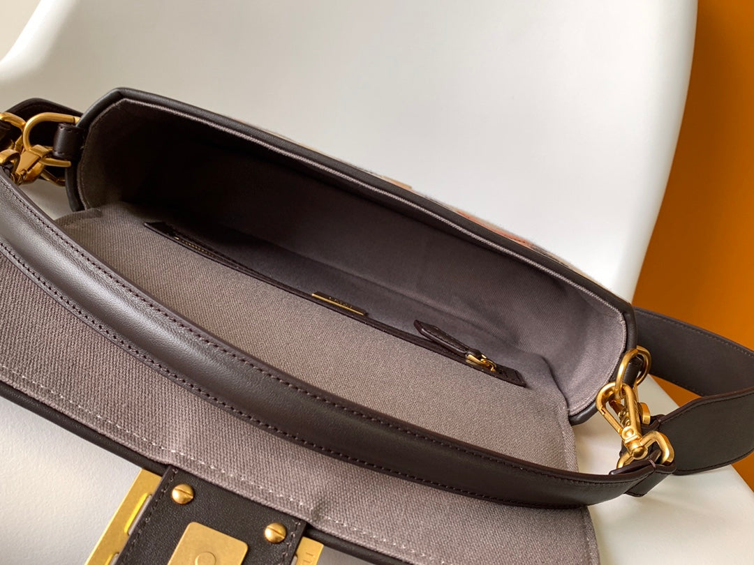 Sac Fend Baguette en toile marron et multicolore 27 avec broderie FF GHW 