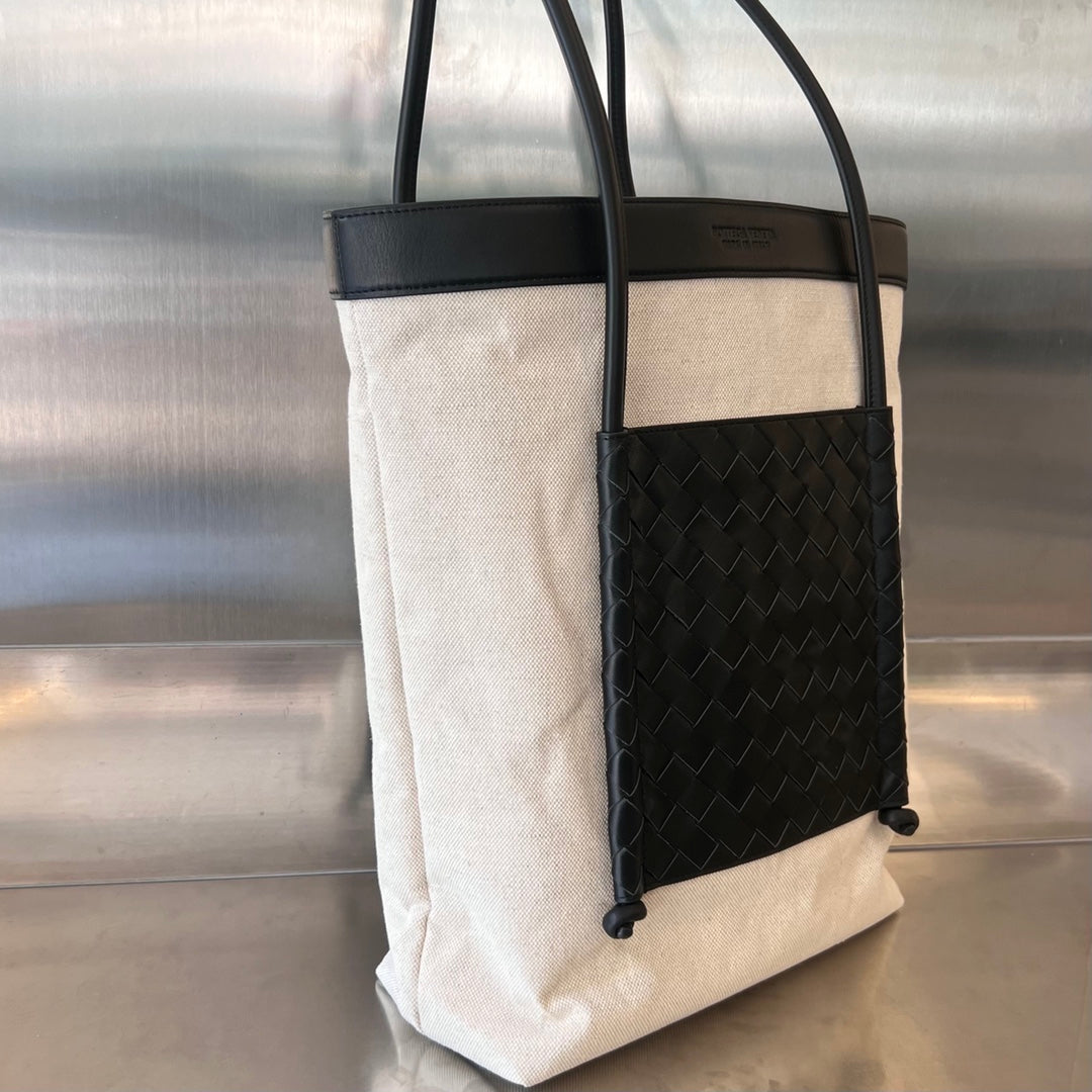 SAC CABAS PORTELLO 41 EN CUIR DE VEAU NOIR ET TOILE BLANCHE
