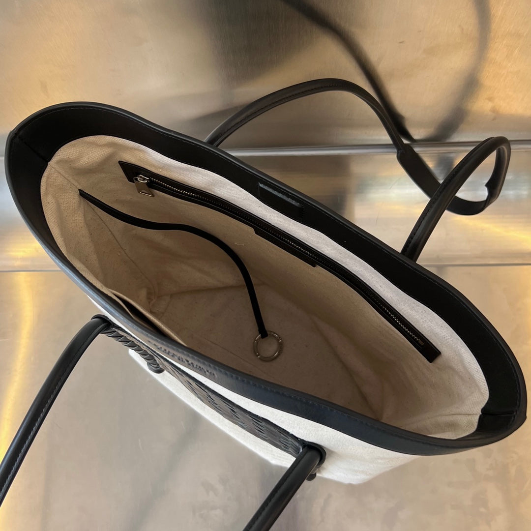 SAC CABAS PORTELLO 41 EN CUIR DE VEAU NOIR ET TOILE BLANCHE
